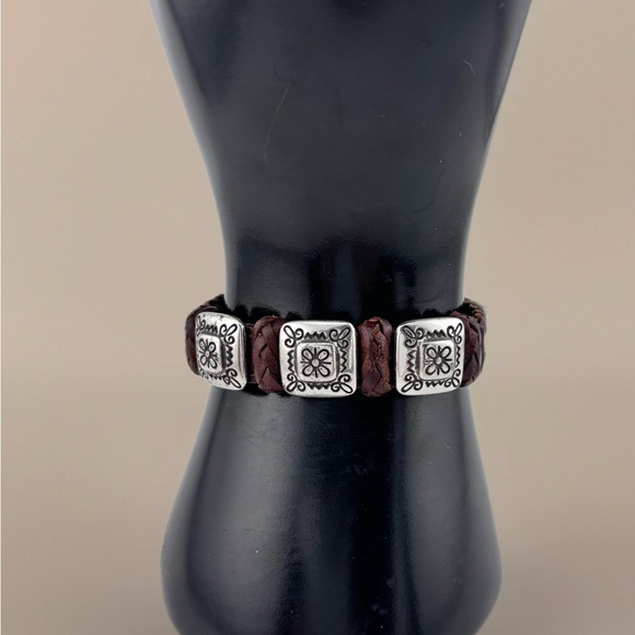 Brighton Silver and Brown Leather Bracelet Weave Leather Strap Brown Strap - Picture 2 of 5